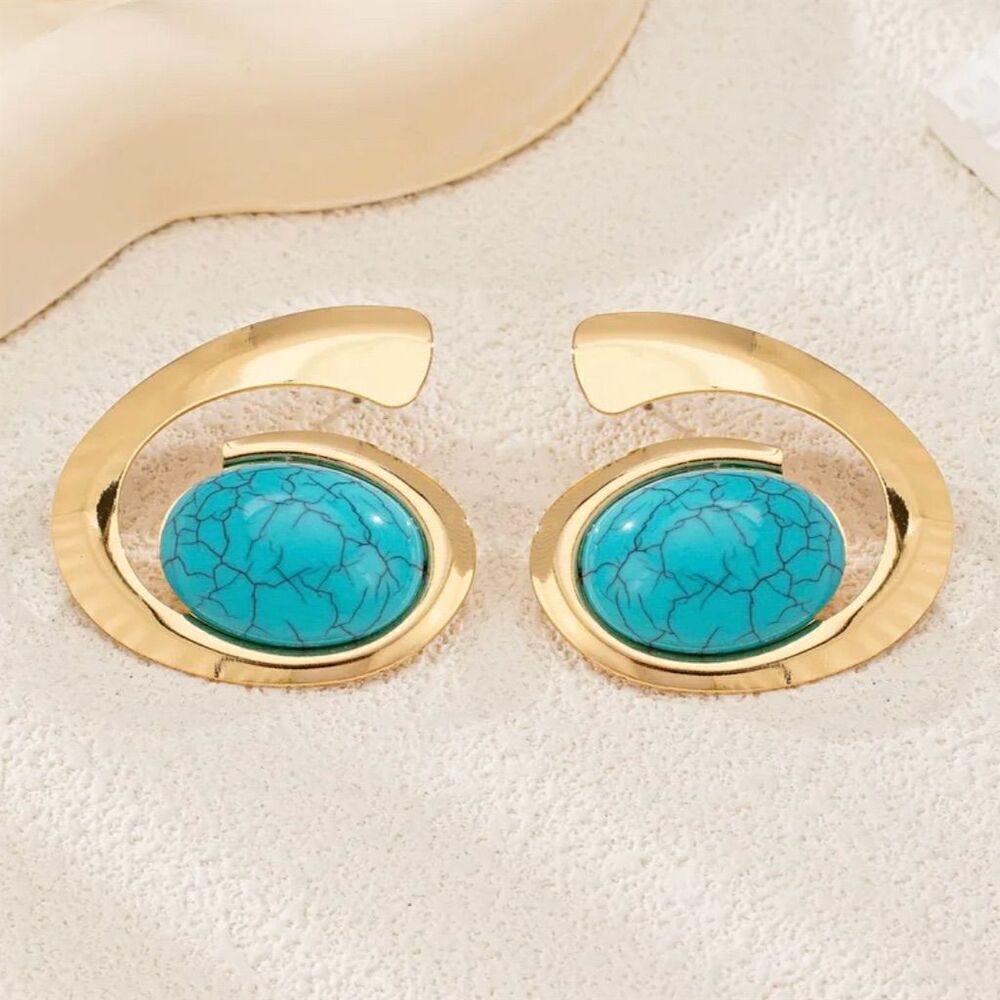 Large Statement Gold Tone Geometric Swirl Faux Blue Turquoise Stud Earrings